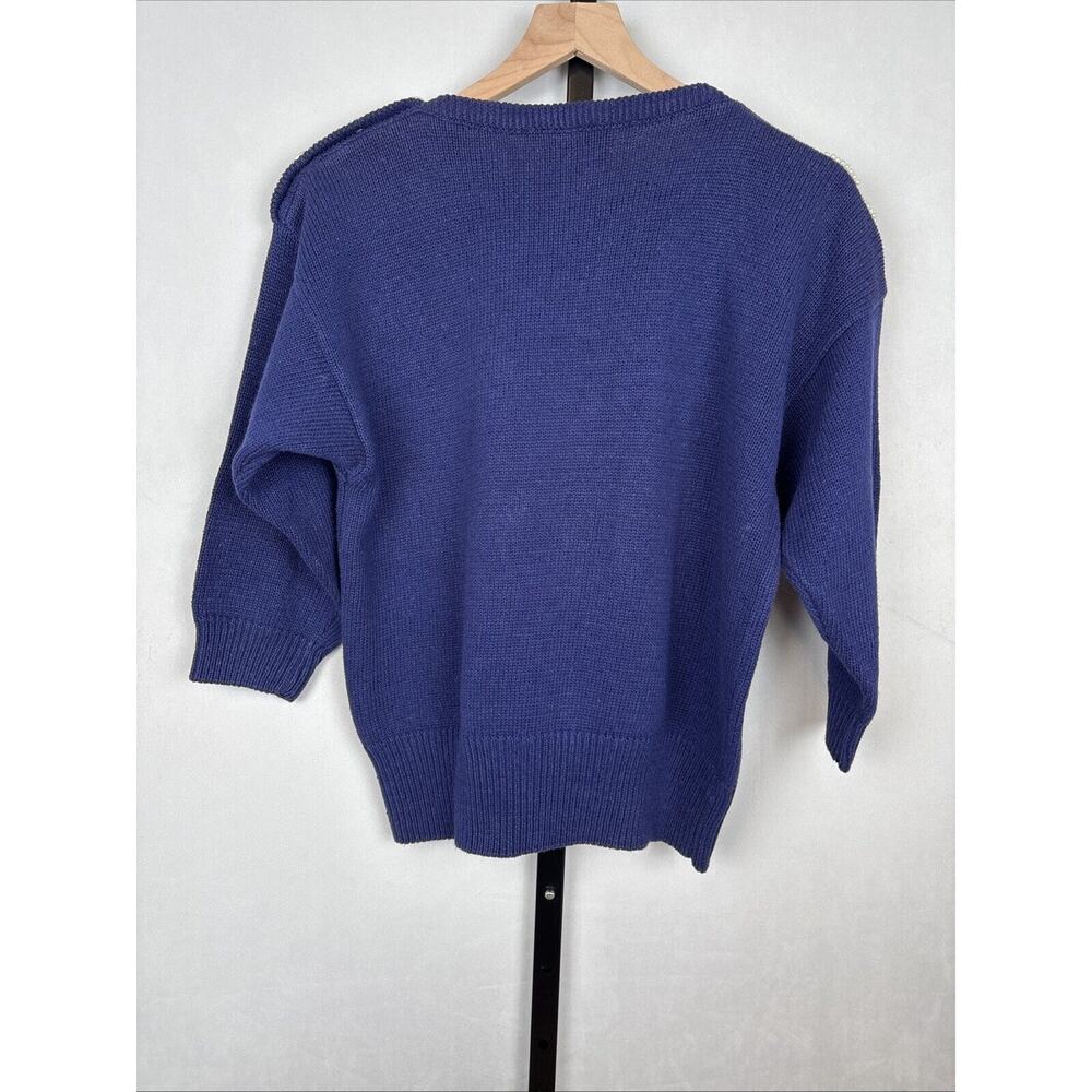 Vintage Mirrors of Krizia Sweater M Indigo Pullover Pearl Flower Shoulder Button - Picture 7 of 12